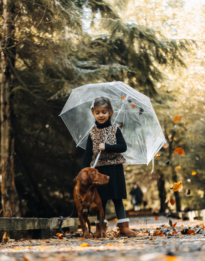 A young girl holding an umbrella stands with her dog in an autumn park.